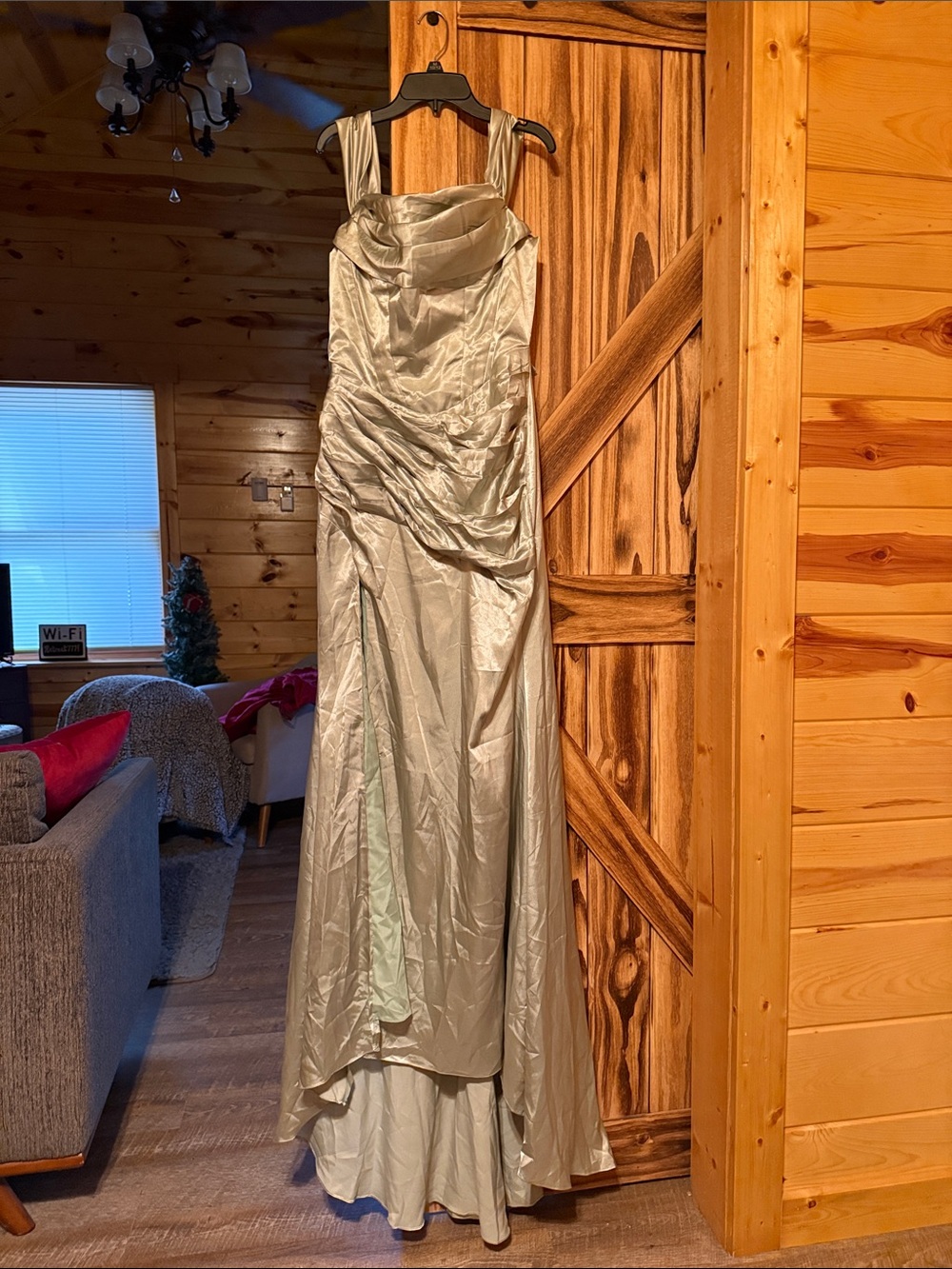 Satin Light Green Ruched Formal Gown with Draped Bodice